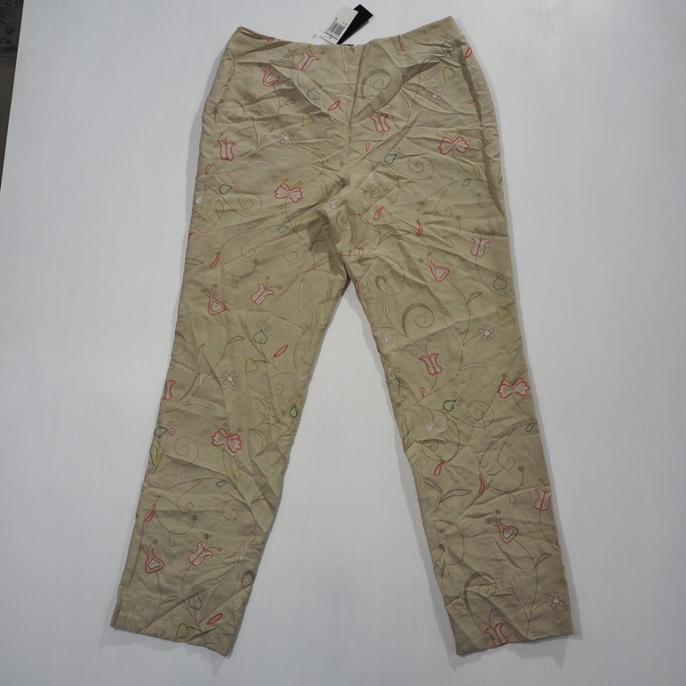 Prominence Pants Womens 12 Tan Silk Linen Floral Embroidered Boho Summer Luxury